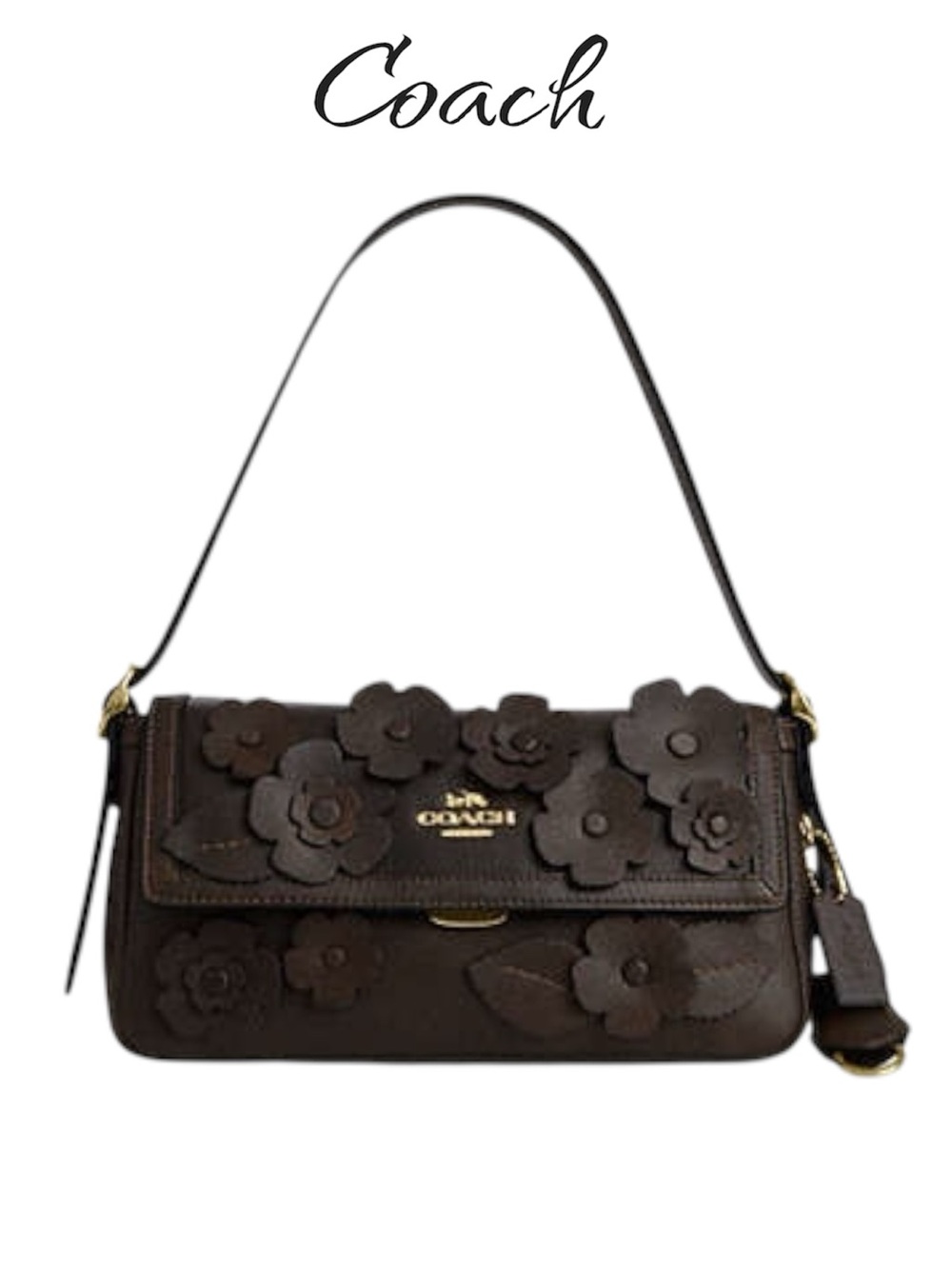 NWT Coach Etta Small Flap Shoulder Bag Floral Applique Maple Brown Crossbody